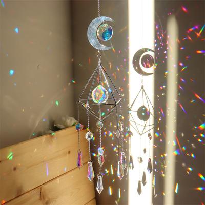Wind Chime Crystal Light Catcher Hanging Ornament Diamond Moon Prism Metal Frame Lighting Ball Bead Jewelry Curtains Home Decor