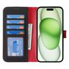 For iPhone 15 Plus/14 Plus Stand Case Litchi Texture Genuine Cow Leather Wallet Phone Cover RFID Blocking