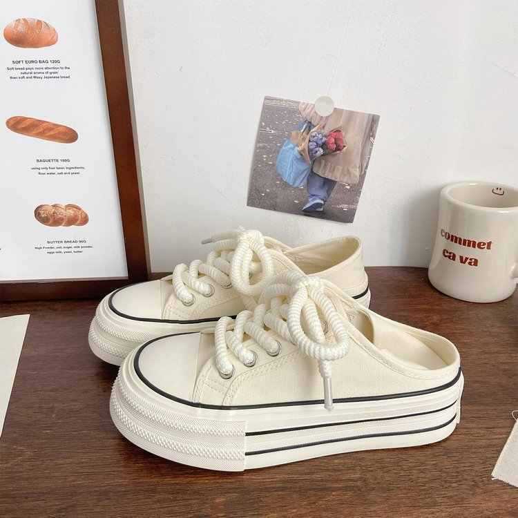 canvas shoes with thick soles and two wear women's summer thin styles, versatile retro lazy people, one pedal, little white shoes, independent station