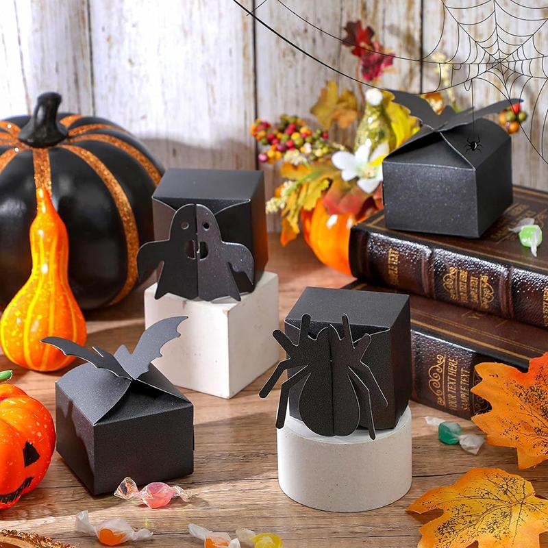 12pcs Halloween Candy Box Mini Black Square Spider Pumpkin Ghost Skull Cookie Gifts Packaging Boxes Halloween Party Decoration
