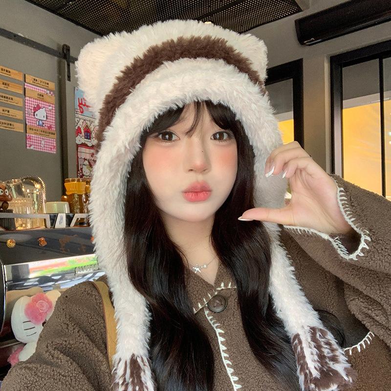 Bear Ears Plush Cute Hat Women's Autumn and Winter Thickened Warm Knitted Hat Cycling Coldproof Ear Protection Lei Feng Hat Trendy