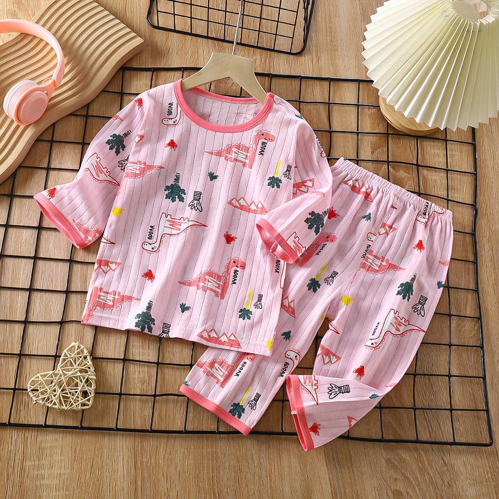 New Children's Pure Cotton Homewear Set Summer Long Sleeve Pajamas Thin Air Conditioning Clothes Boys and Girls Clothing