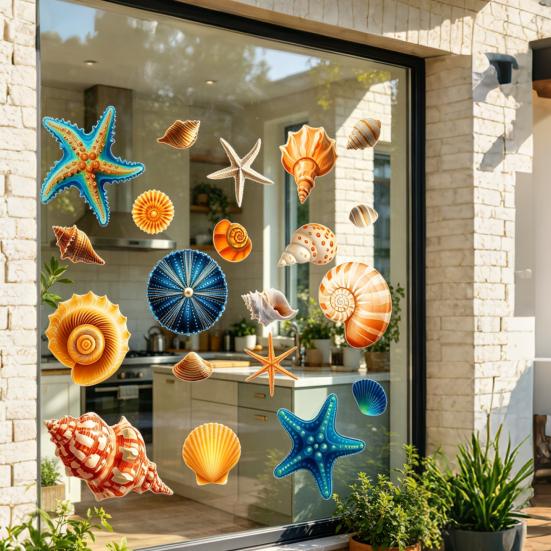 Pegatinas para Ventana de Caracolas y Estrellas de Mar, Adhesivo Impermeable para Ventana con Vida Marina del Océano, Pegatinas Estáticas Reutilizables para Puerta de Cristal, Suministros para Fiestas de Verano