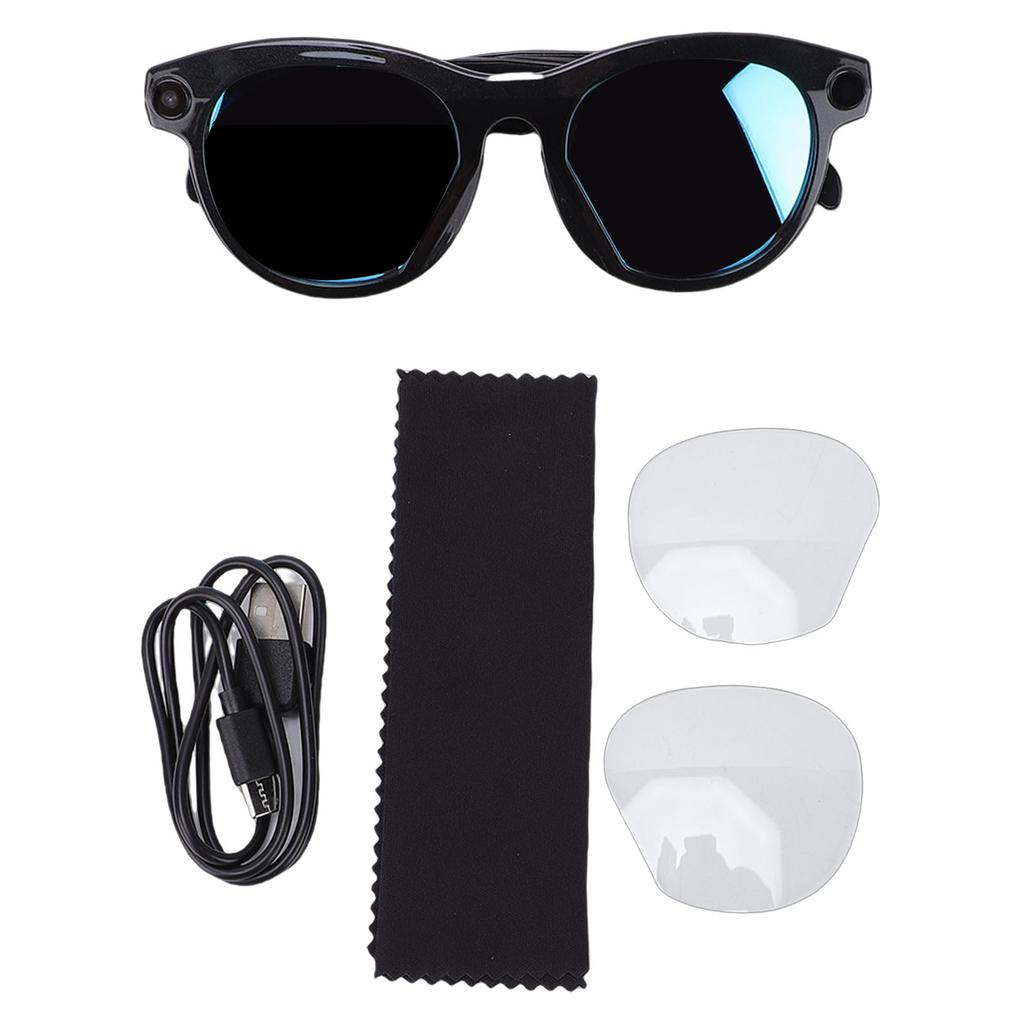 AI Smart Glasses with 2MP Camera Anti Shake 1080P Video Recording Multilingual Translation Black Frame Blue Lenses