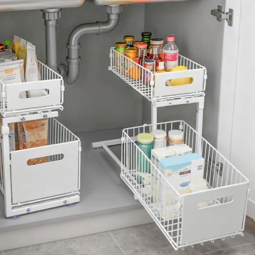 YOKELLMUX Under-Sink Storage Drawer, 2-Tier, Sliding Under-Sink Storage Rack, Under Kitchen/Sink/Bathroom/Stovetop Storage, Adjustable Height, Easy As
