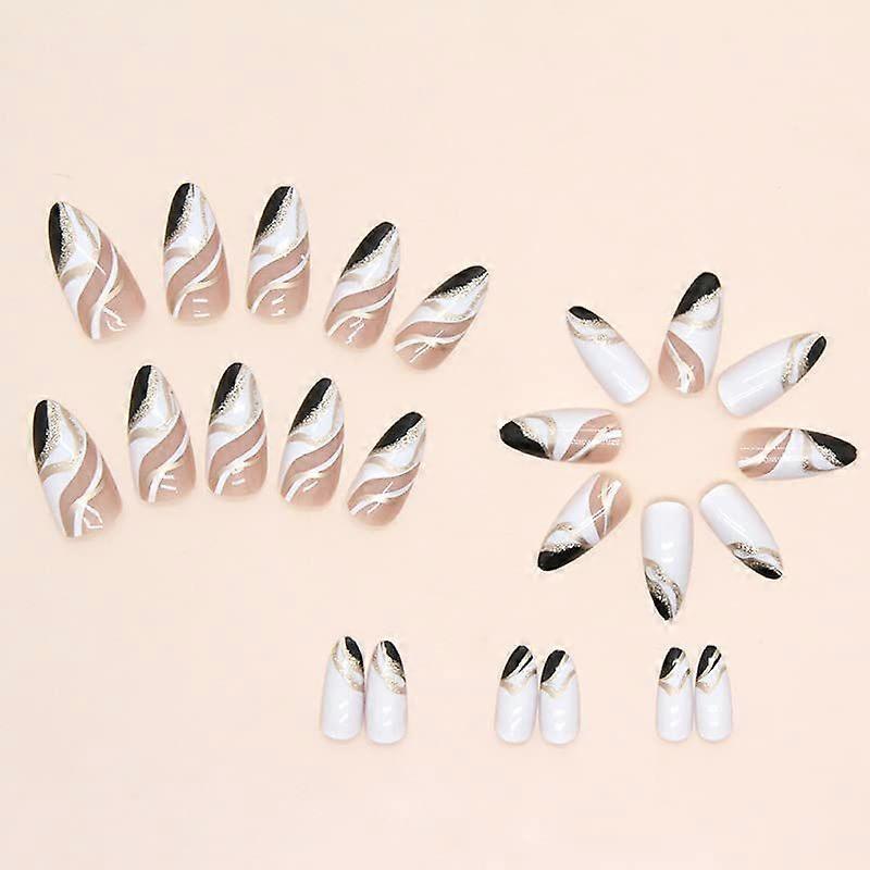 French Press On Nails with Gold Line Designs, Almond Shape Nail Manicure In Medium Size, Includes 24 Nails, 1 Sheet Nail Glue Sticker, 1 Mini File Wh