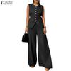 ZANZEA Women Sleeveless Vest Tops and Pants Stripe Print Two Piece Suit Sets