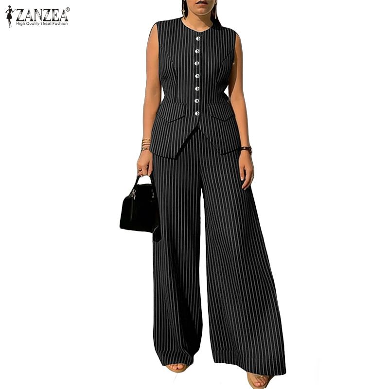 ZANZEA Women Sleeveless Vest Tops and Pants Stripe Print Two Piece Suit Sets