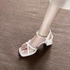 Silver High-end Sandals Women's Thick Heel Summer New Pearl One-word Buckle Open-toed High Heels Women's Middle Heel