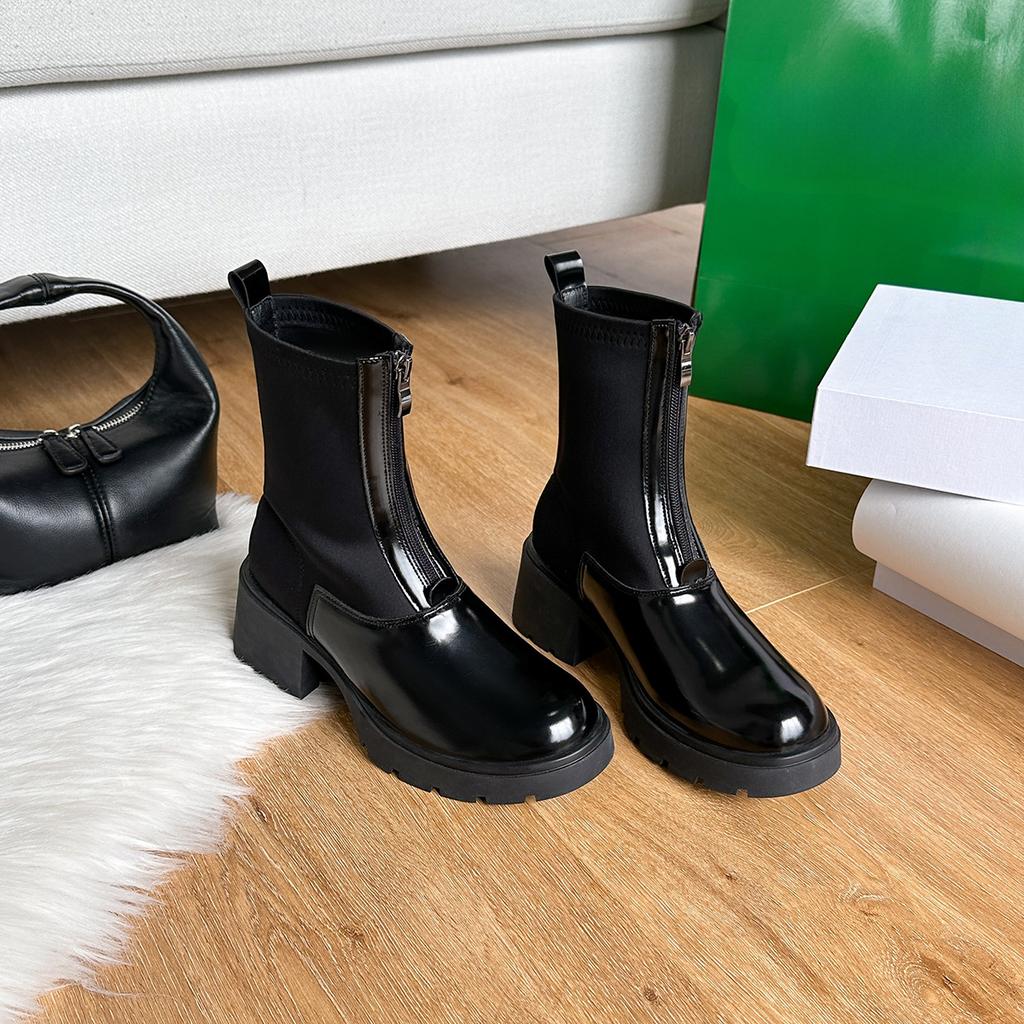 Super Slimming Fashion Front Zip Platform Chunky Heel Stretch Thin Boots Women Autumn Winter New Patchwork High Heel Boots Women