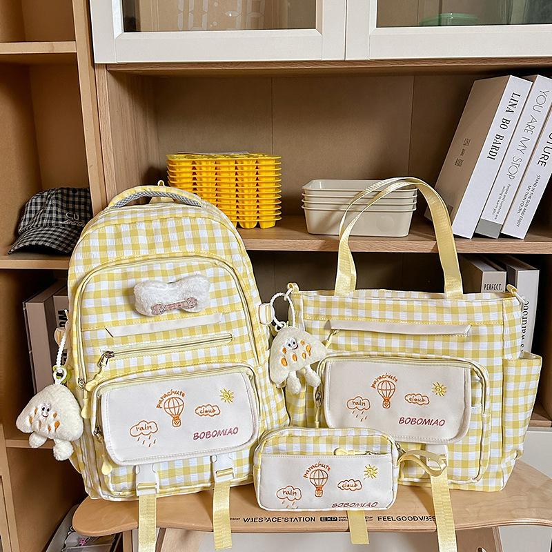 Schoolbag High Value Schoolbag Junior High School Girls High School Students Cute Small Fresh Plaid Backpack Large Capacity Three-piece Backpack