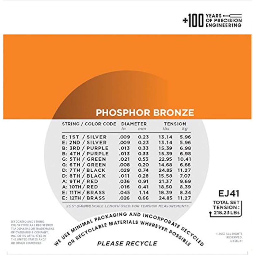 D'Addario Daddario Acoustic Guitar Strings Phosphor Bronze .009-.045 12 Strings Extra Light 10 Se...
