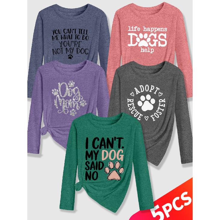 Lele Orientation Five-piece women's long-sleeve set Paw print canine-themed fun English phrases with a healing retro print Spring, Summer, Autumn