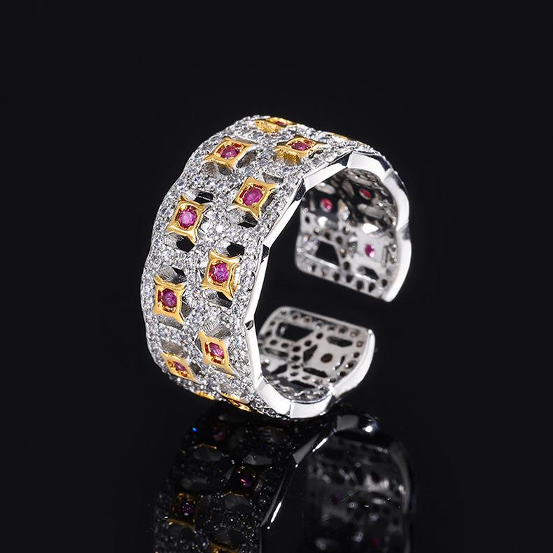Jewelry Champagne Full Diamond Ring Simulation Red Corundum Sapphire Ring Pink Zircon Ring