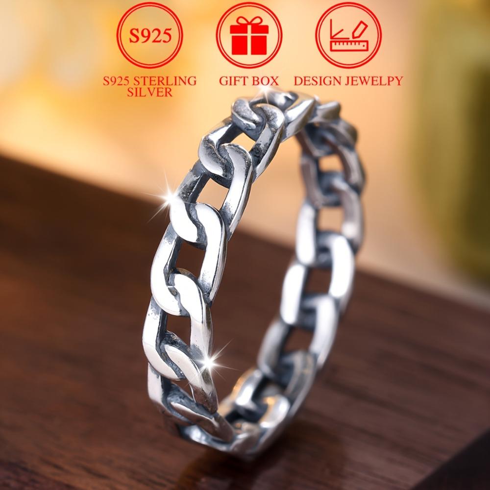 S925 Sterling Silver Geometric Chain Hiphop/Rock Rings for Women Bohemia Punk Ring Jewellery Gift