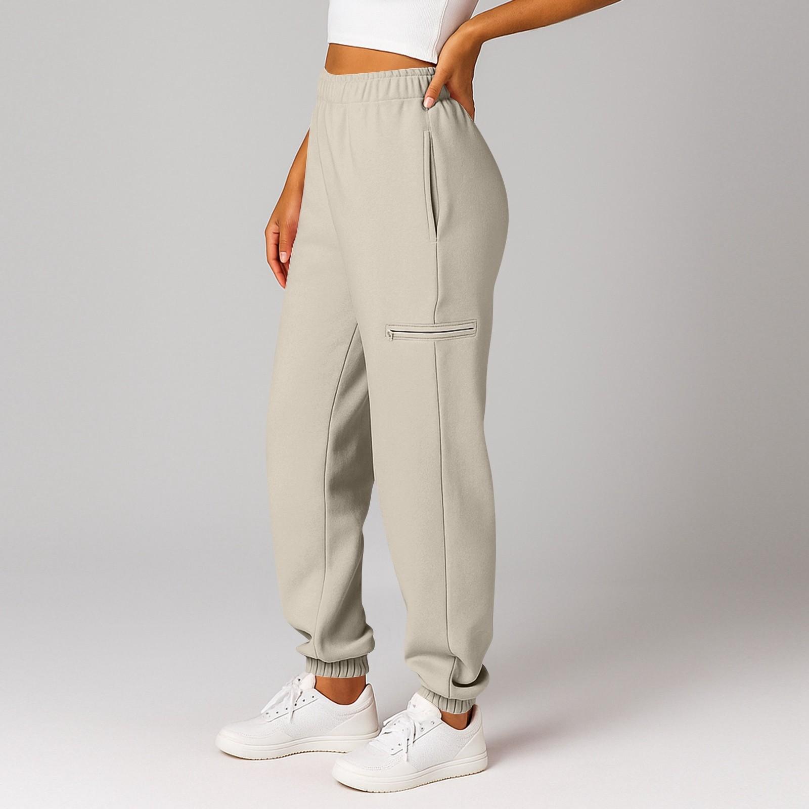 

Женские и мужские спортивные штаны с карманами, модные однотонные эластичные штаны с высокой посадкой, повседневные штаны для бега XL бежевый