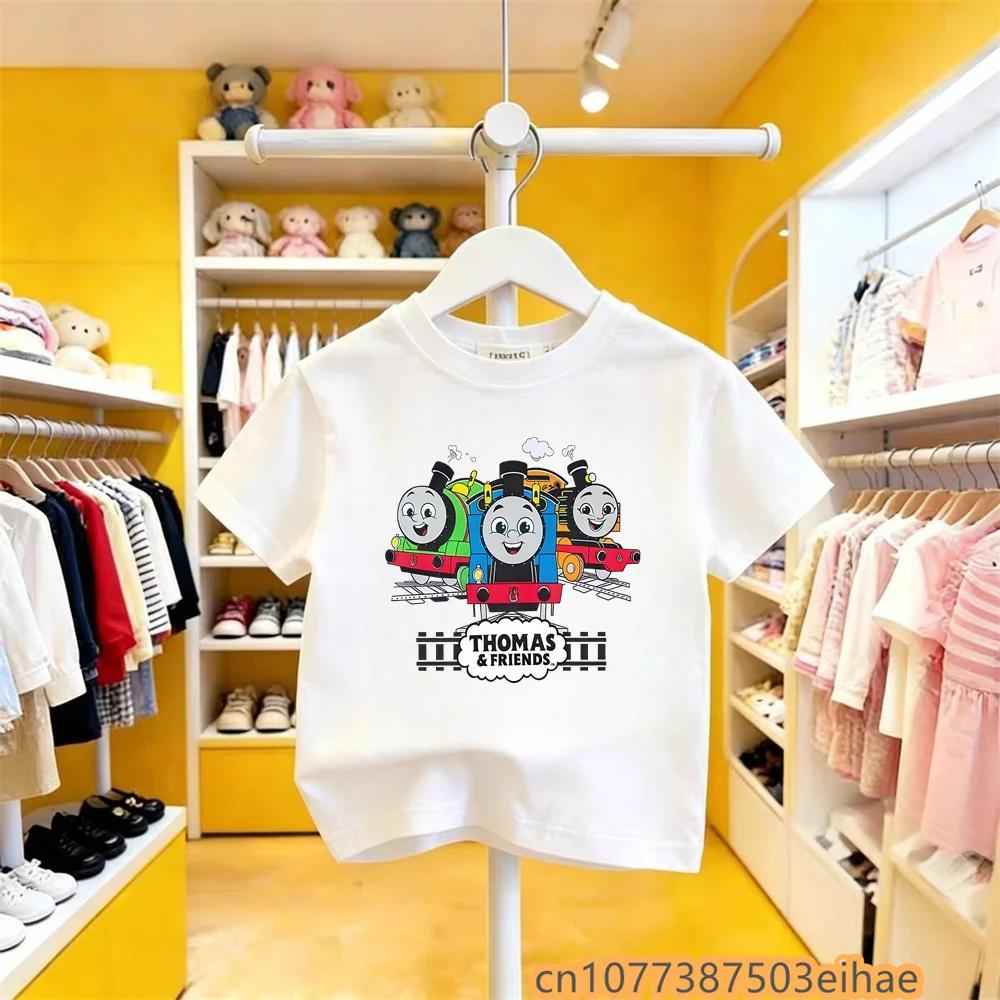 Pure Cotton Summer Tee Thomas Train Cartoon Design Children Short Sleeve Y2K Cute Fun Wear for Little Boys Girls All Day Use 100