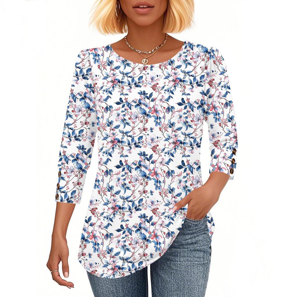 Womens Tops 3/4 Sleeve With Buttons Casual Blouses Summer Outfits Beach Vacation Clothes