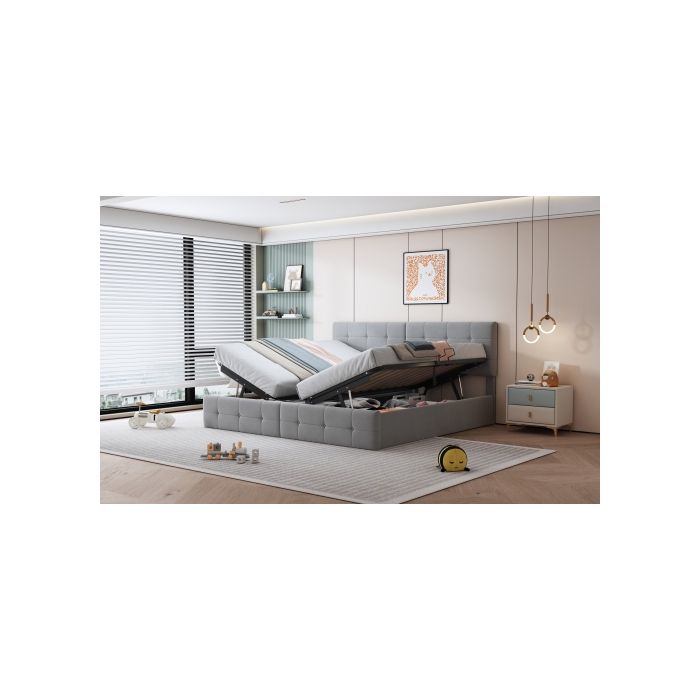 Lit Rembourré 180x200 Cm, Lit De Rangement Hydraulique, Lit Surélevé, Lit Double Multifonctionnel, Gris