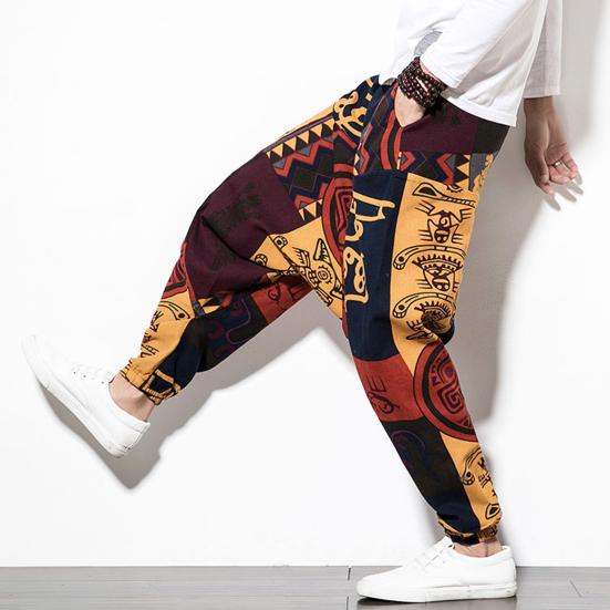Harem Pants Large Crotch Ankle Tied Fashion Print Elastic Waist Loose Streetwear Plus Size Baggy Pants for Daily Wear