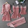 2026 Women's Golden Velvet Pajamas: Water-Soluble Flower 4-Piece Set with Sexy Lace Trim for Indoor/Outdoor Wear, Autumn/Winter