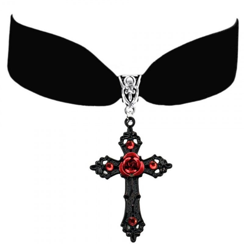 Gothic Ruby Cross Velvet Choker Necklace