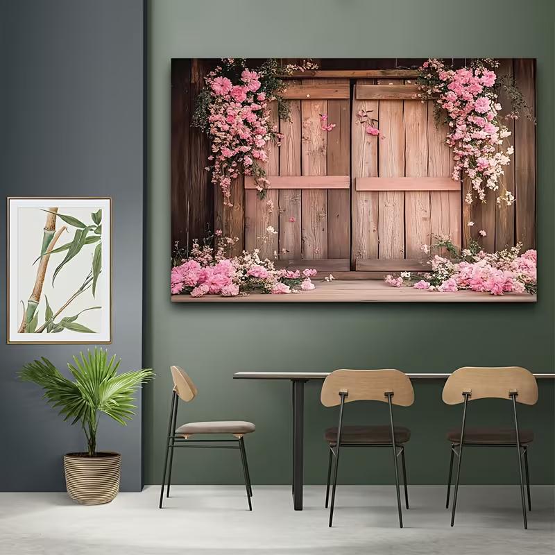 Rustic Pink Floral Barn Door Tapestry, Wedding Background Cloth, Party Backdrop