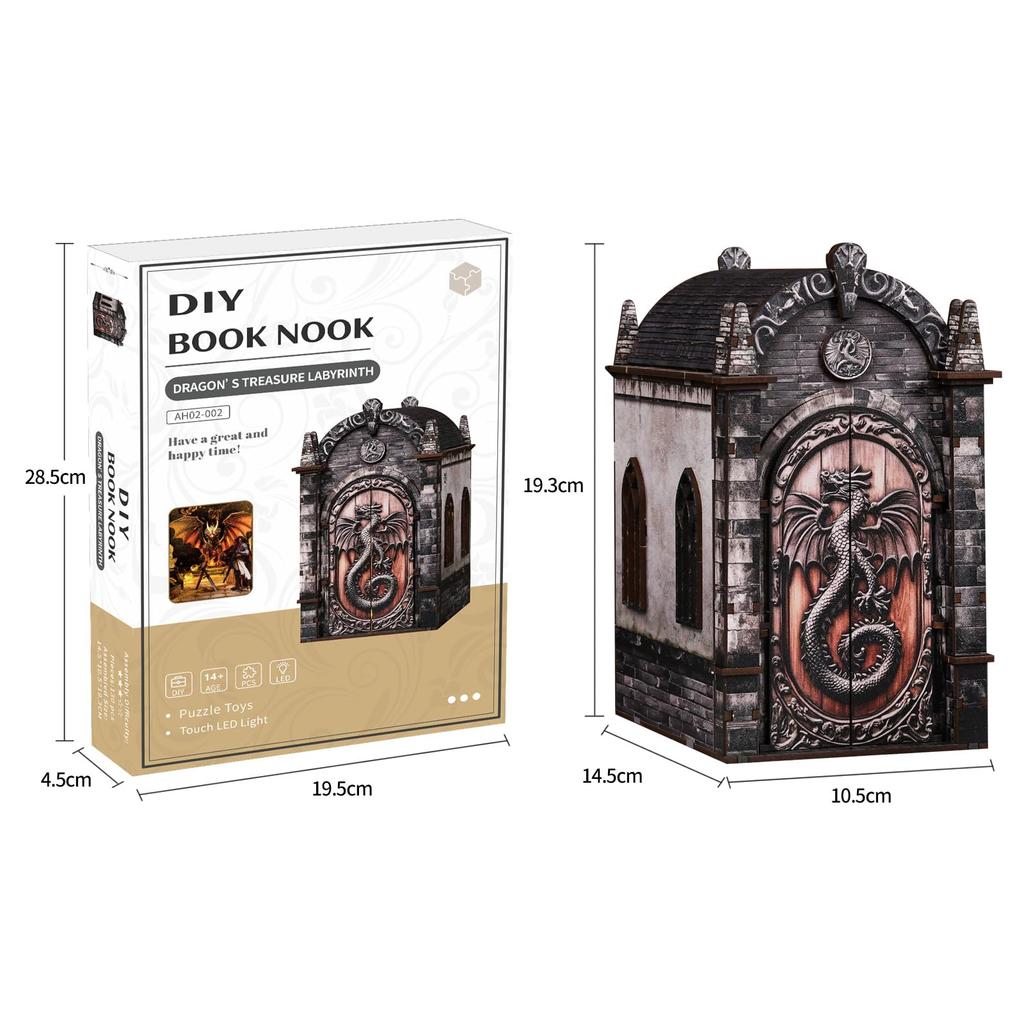 CRESYMME Dragon's Trove Book Nook Kit 3D Wooden Miniature Dollhouse DIY Hobby Craft with LED Light Handmade Bookshelf Insert Diorama