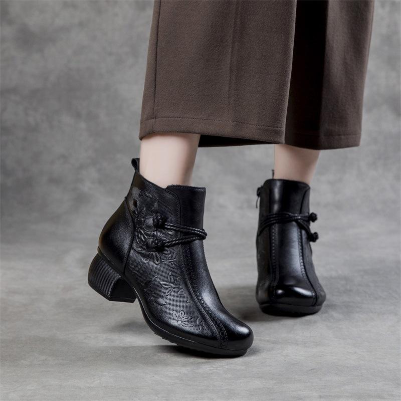 New Retro Martin Boots Autumn and Winter Single Boots Thick Heel Short Boots Women's Ethnic Style Embossed Round Head Mother Boots