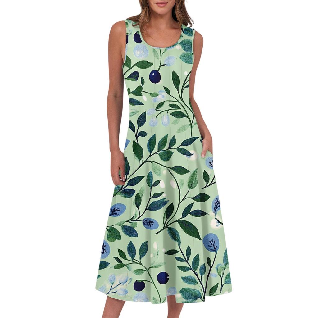 Women's Casual Fashion Floral Print Round Neck Sleeveless Midi Dress