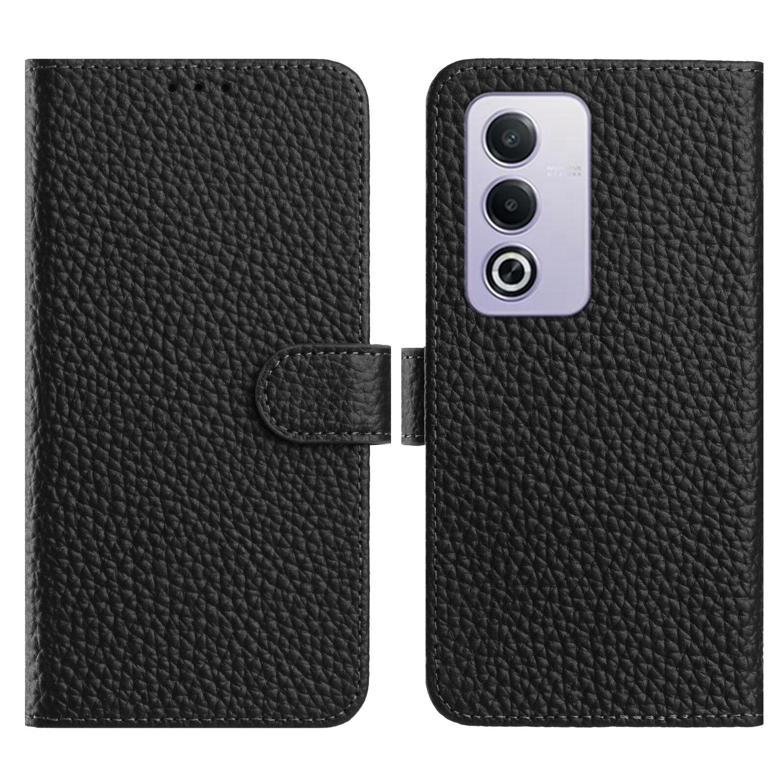 

Flip Phone Case For Oppo A5 5G/A3 Pro (Global) 5G/A80 5G/K12x 5G (Global) Wallet Stand Litchi Texture Genuine Cow Leather Cover Black
