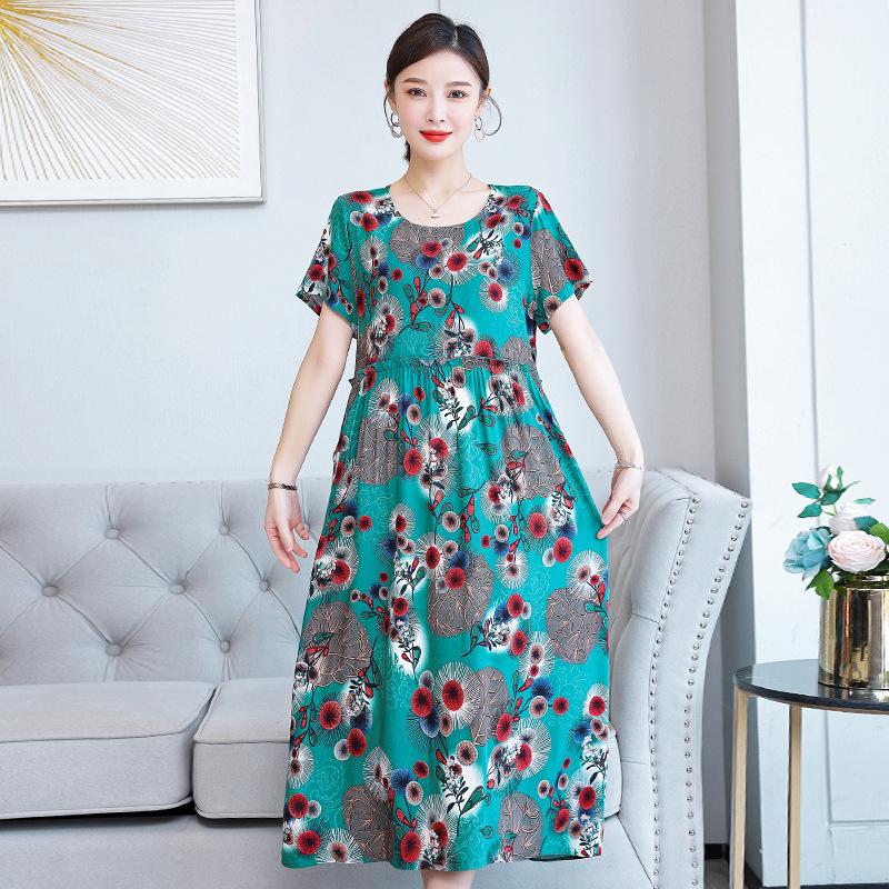 Plus Size Floral Cotton-Silk Dress for Women - Summer Fashion, Elegant Long Swing Dress
