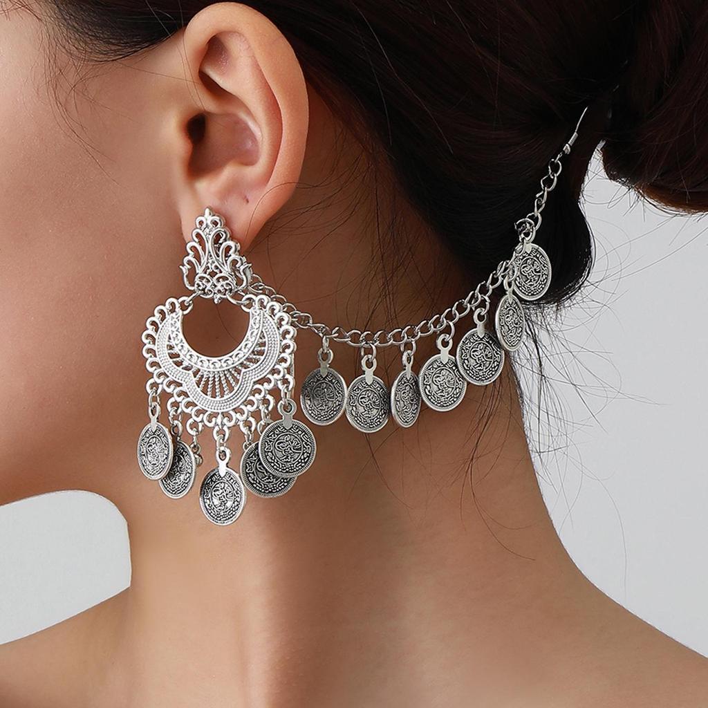 Retro Exotic Coin Tassel Earrings with Ear Chain Set