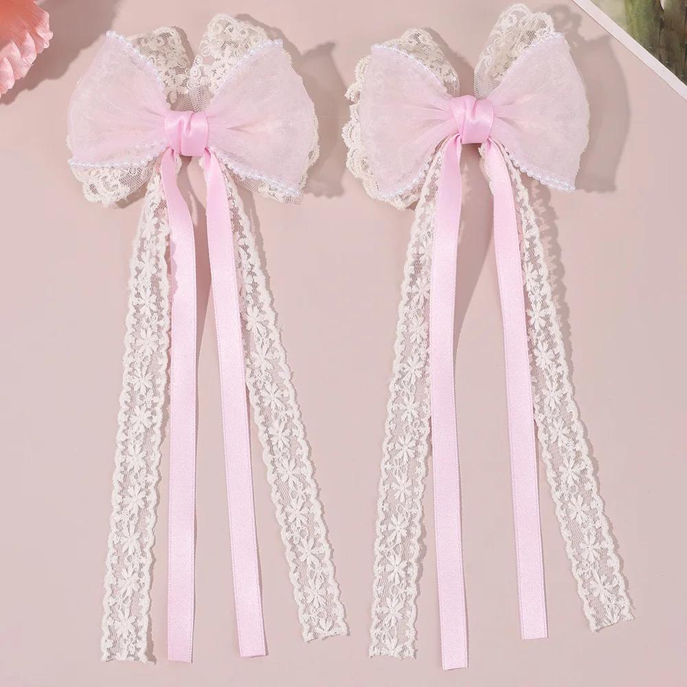 2Pcs Beige Lace Bow Hair Clips With Long Ribbon Elegant Pearl-trimmed Chiffon Bownot Barette For Girls Women Hair Accessories