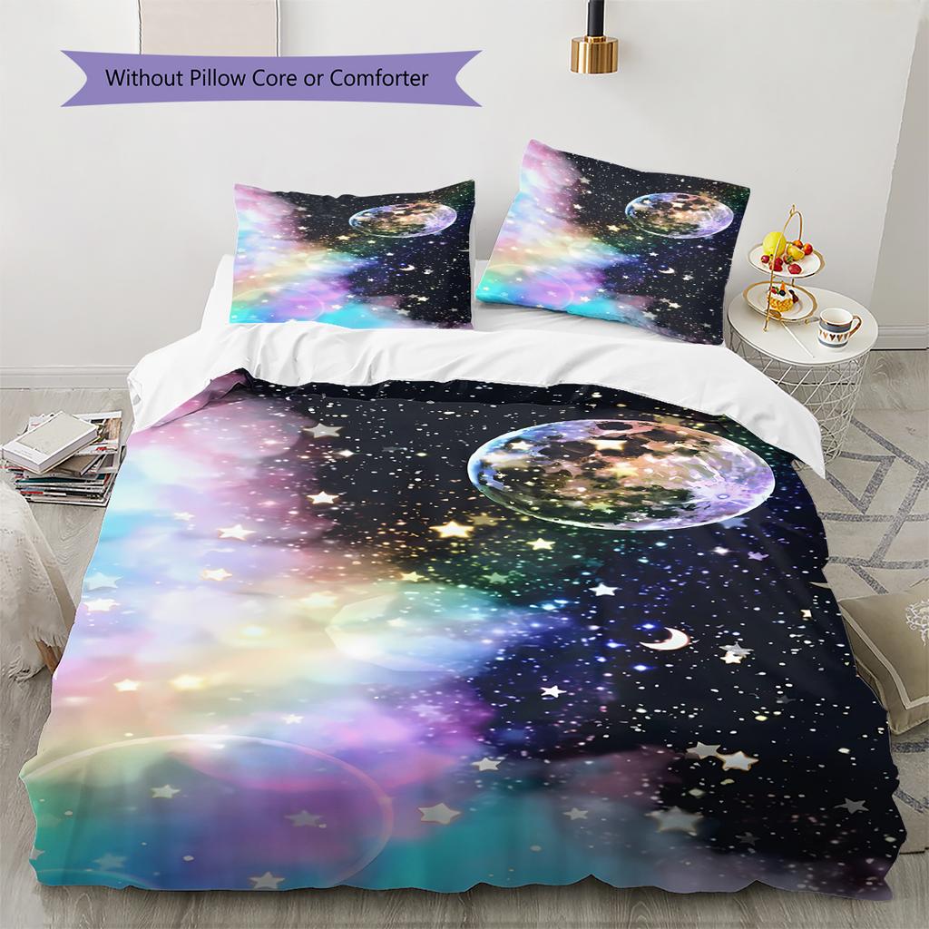 Galaxy Moon Pattern Bedding Quilt Set Quilt Cover Pillowcase Home Decoration Gift (1 * Duvet Cover + 2 * Pillowcase, Without Core)