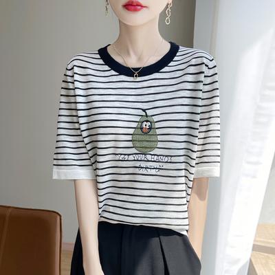 Klassisches gestreiftes kontrastfarbenes Damen-Rundhals-T-Shirt mit Bambusgelenk-Detail, dünn, kurzärmlig, Sommerneuheit, besticktes Jacquard-Design