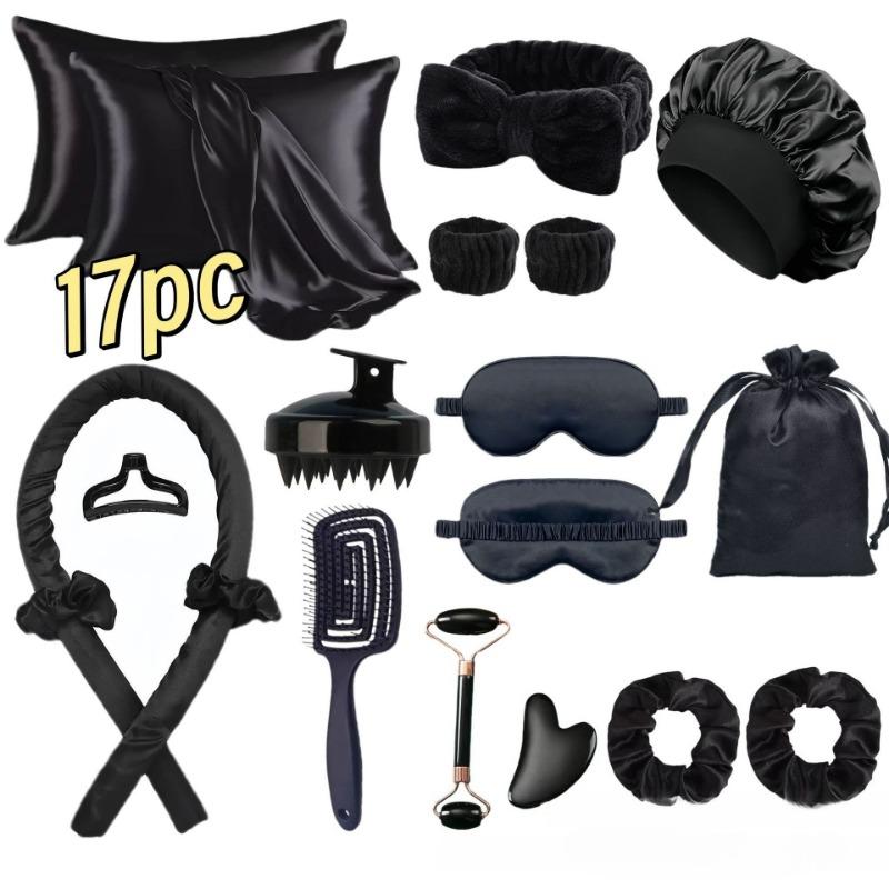 

17PCS Styling Kit - Heatless Silk Curler with Sleeping Mask and Shower Cap for Women and Girls Beauty Kit for Travel and Home чёрный