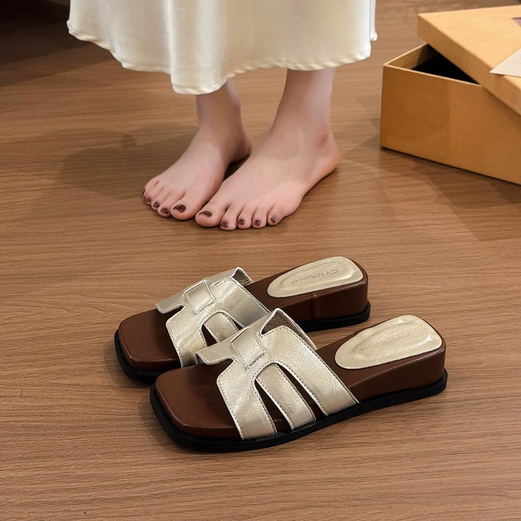 Black retro wedge heel heightening one-word slippers women's summer wear 2025 new soft-bottomed versatile non-slip cool slippers