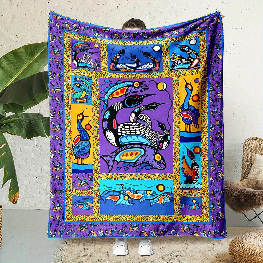 Fishing Mandala Anime Blanket Reversible Flannel Throw for Outdoor Enthusiasts AllSeason Comfort Zen Cartoon Design