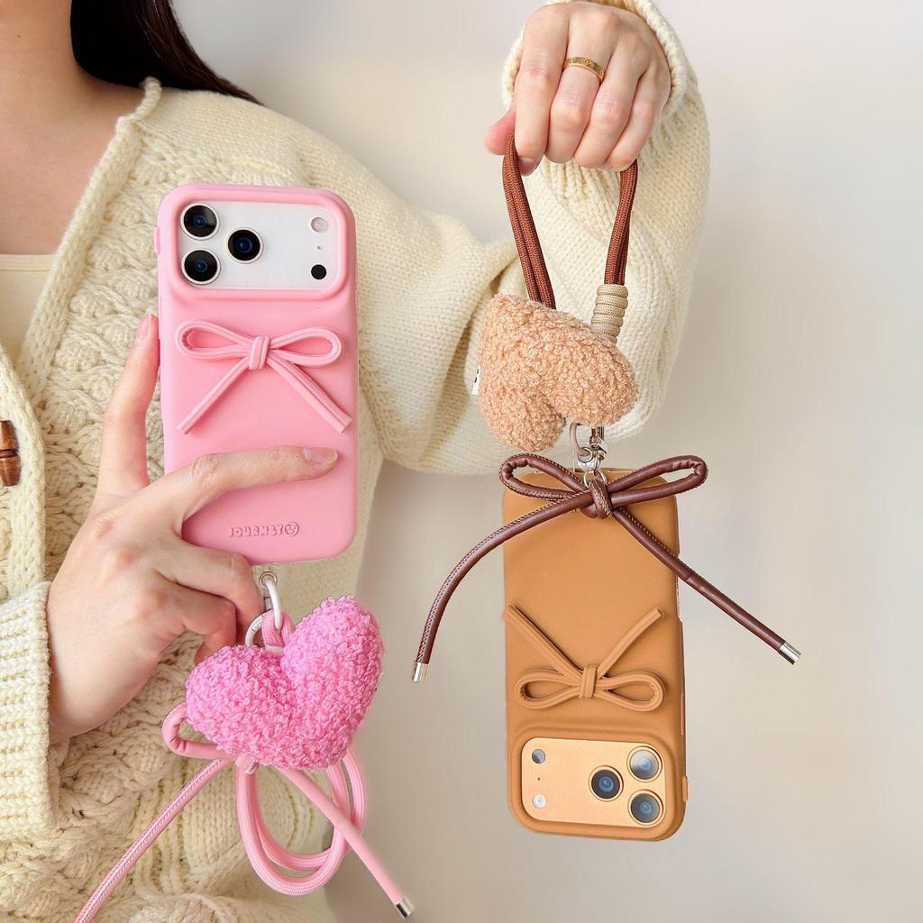 Korean 3D Bow Hand Strap Case for iPhone 13-17 Pro Max (Anti-fall, Apple Compatible)