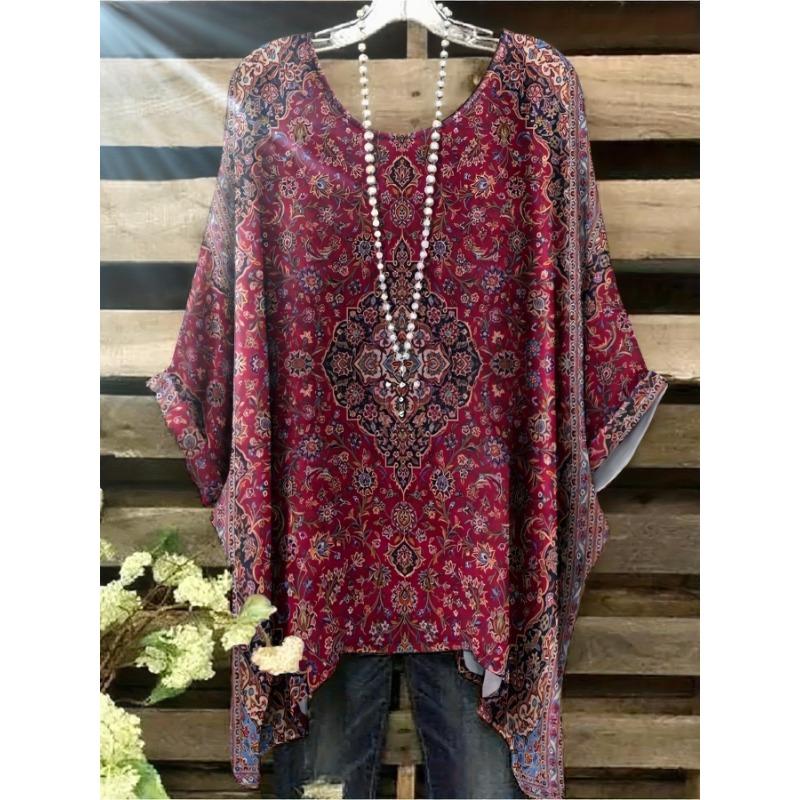 Summer Fashion Round Neck Retro Ethnic Style Pattern Printed Casual and Comfortable Tailcoat Style Women s Round Neck Short Sleeved T-shirt 1XL