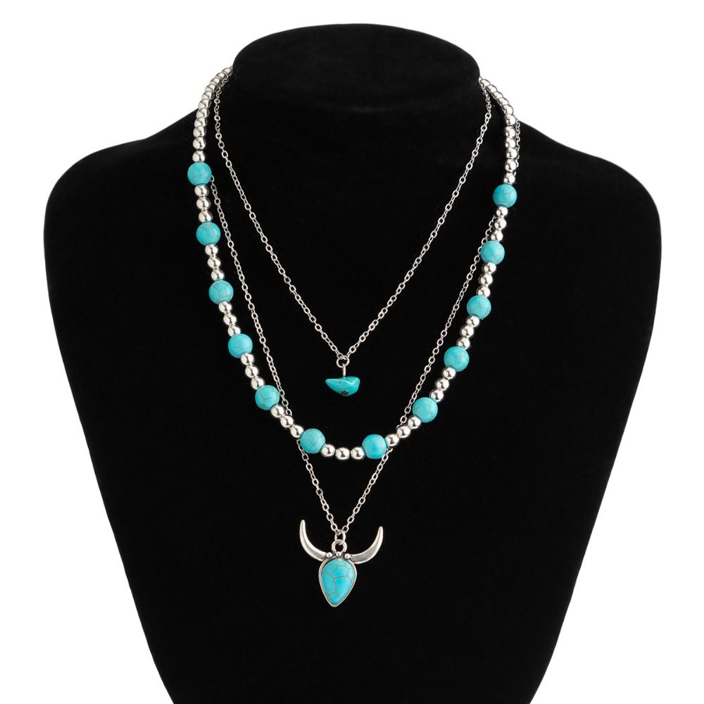 1 SET Stacked Multilayer Turquoise Necklace Ethnic Style Bohemian Style Clavicle Chain  Gift