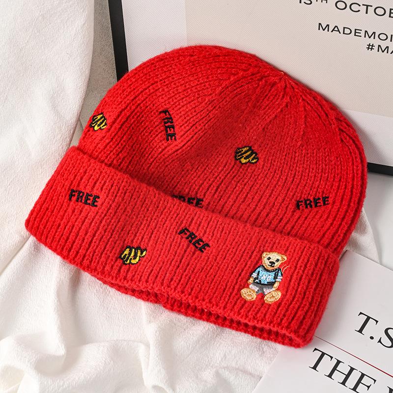 Hat Female Autumn and Winter Wool Hat Versatile Embroidered Letter Knitted Outdoor Riding Warm Cute Bear Pullover Hat