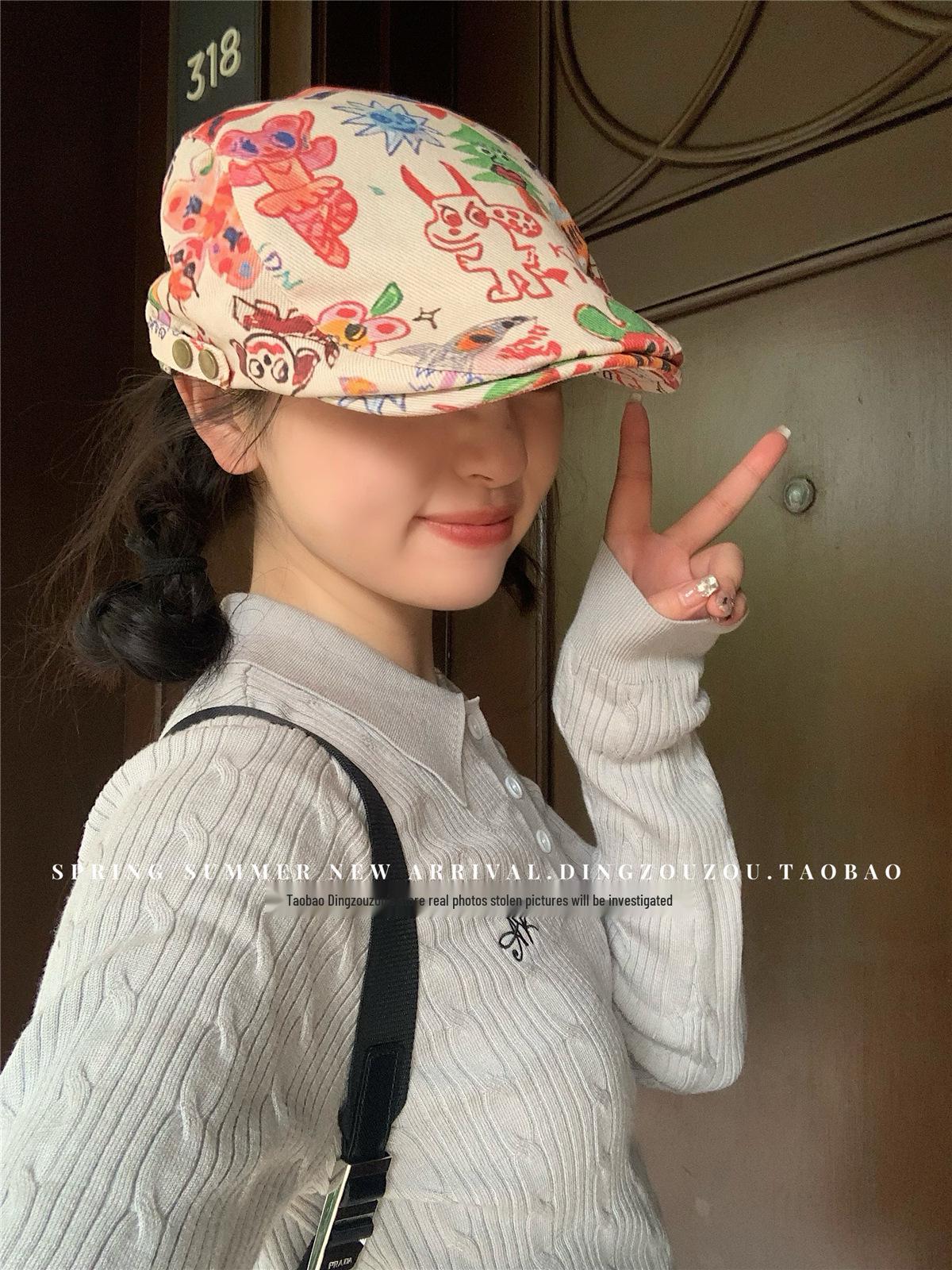 

Японский ретро-берет с граффити: Милая, тонкая и универсальная кепка художника для женщин - модный весенне-летний стиль. One Size