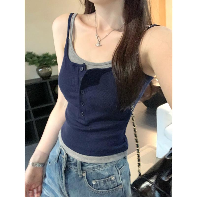 Women Fake Two Piece Color Block Bandeau Strappy Cropped Camisole Top For Summer S темно-синий