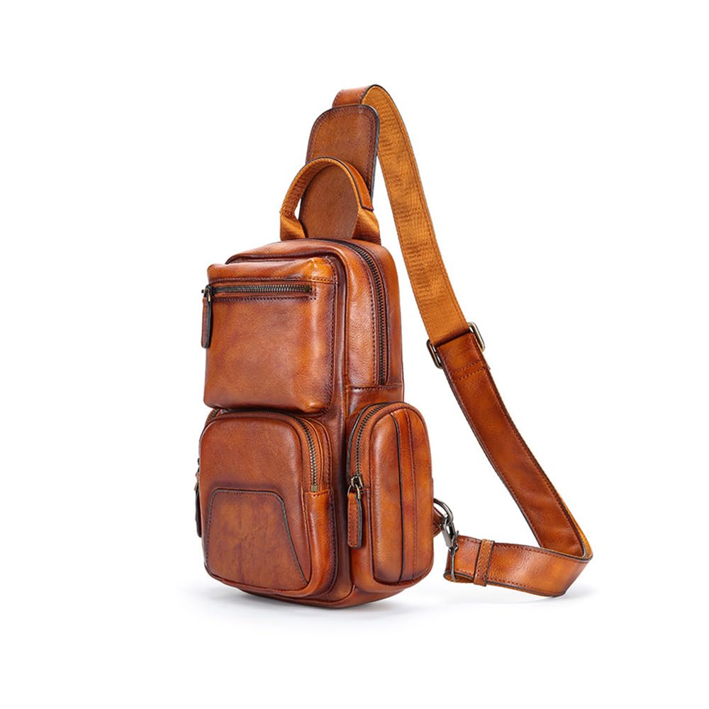 

Whatna Antique-Style Tanned Natural Cowhide Leather One-Shoulder Bag for Men, 3-Way, Crossbody, Mini Body Bag, Chest Bag, Genuine Leather, Thick,