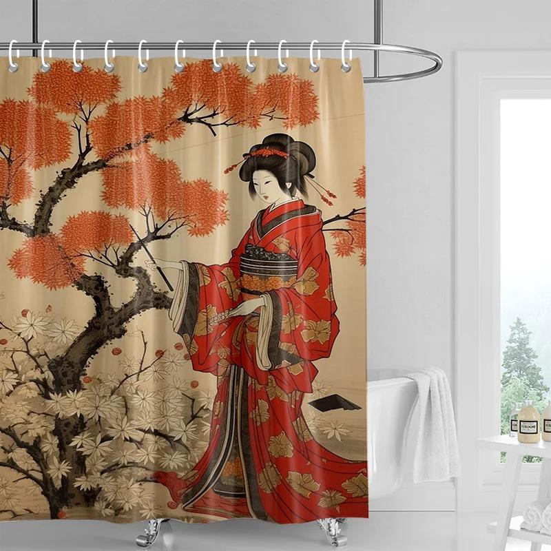 Japanese-style Gogi Retro Character Printed Shower Curtain Fading-resistant Bathroom Partition Curtain for Hotel Home Decoration