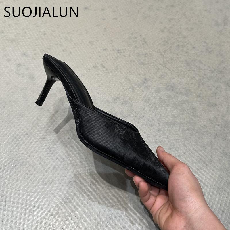 Fashion SUOJIALUN 2024 Spring New Women Slipper Fashion Pointed To Shallow Slip On Mules Shoes Thin High Heel Ladies Elegant Sandals