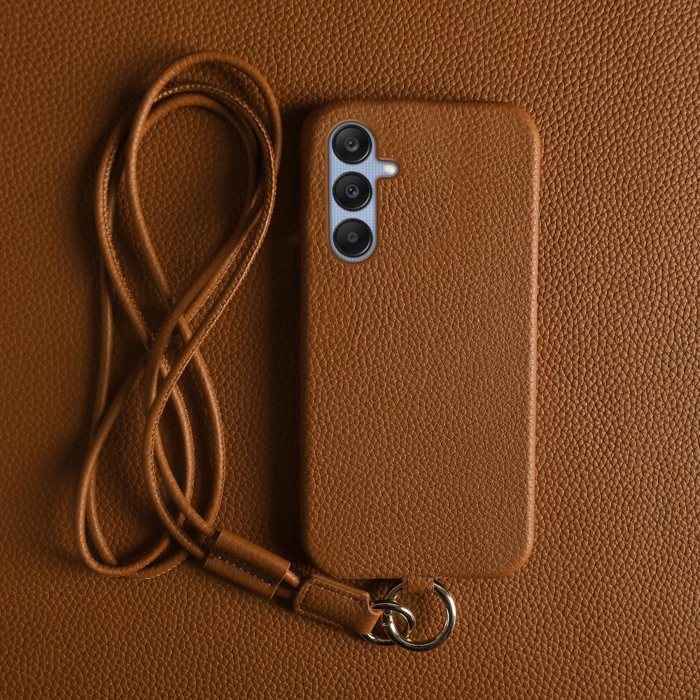For Samsung Galaxy A25 5G (Global) (161.0 X 76.5 X 8.3mm) Case with Lanyard Genuine Cow Leather PC Phone Back Cover