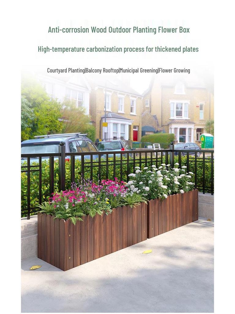Carbonized Wood Outdoor Planter Box – Antiseptic Rectangular Flower Trough for Home, Courtyard, or Balcony.